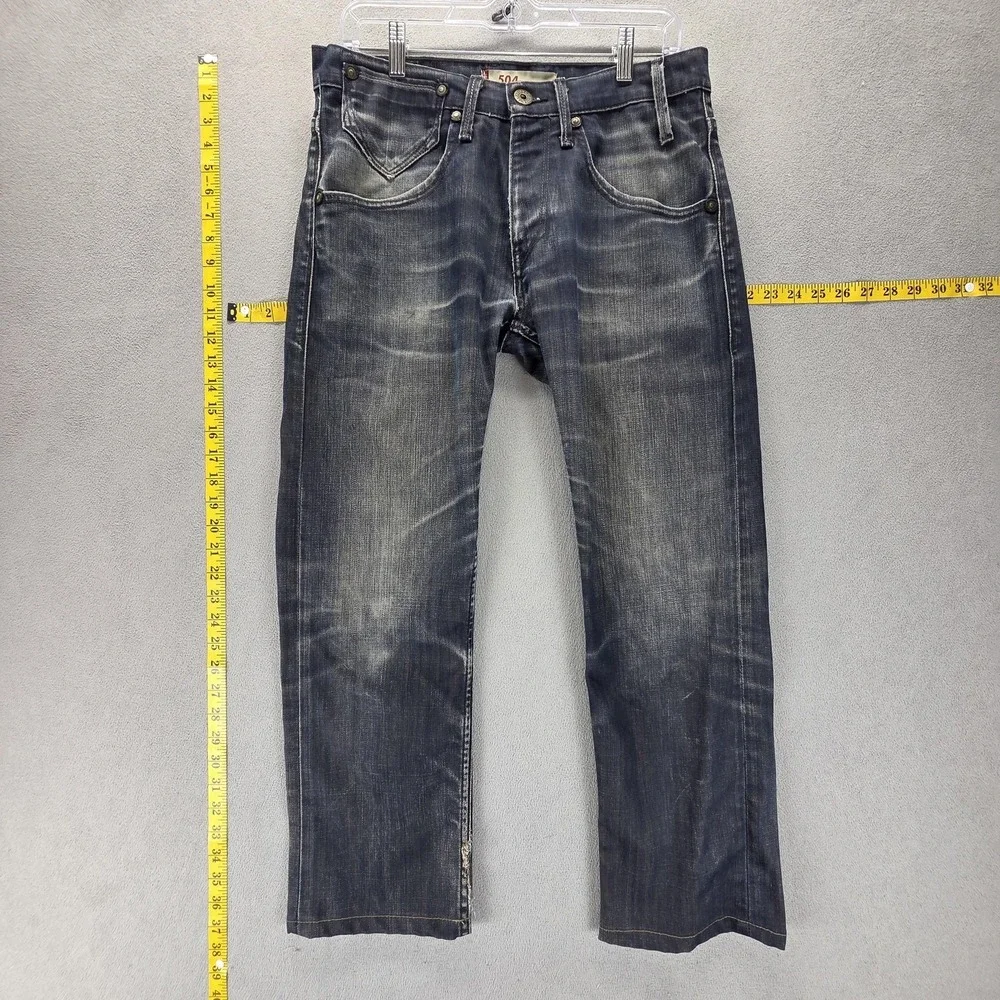 VTG Levis 504 Jeans Mens Blue Straight Engineered Honeycomb Whiskers Fits 31x26